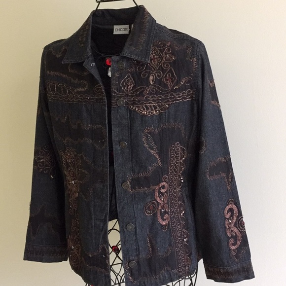 Black Denim Jean Embroidered Rhinestone Jacket M? - Picture 8 of 8